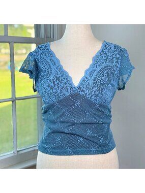 Y2K Vintage Trixxi Blue Lace Vneck Flutter Sleeve Blouse XL Fairy Grunge Teal